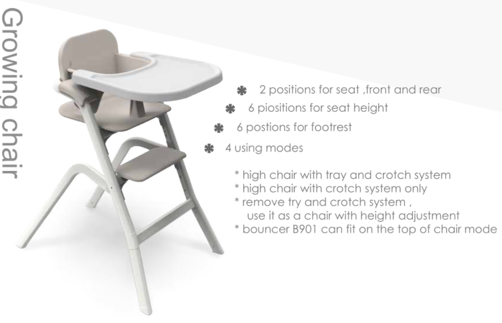 Baby highchair,2 positions for seat, 6 positions for seat height